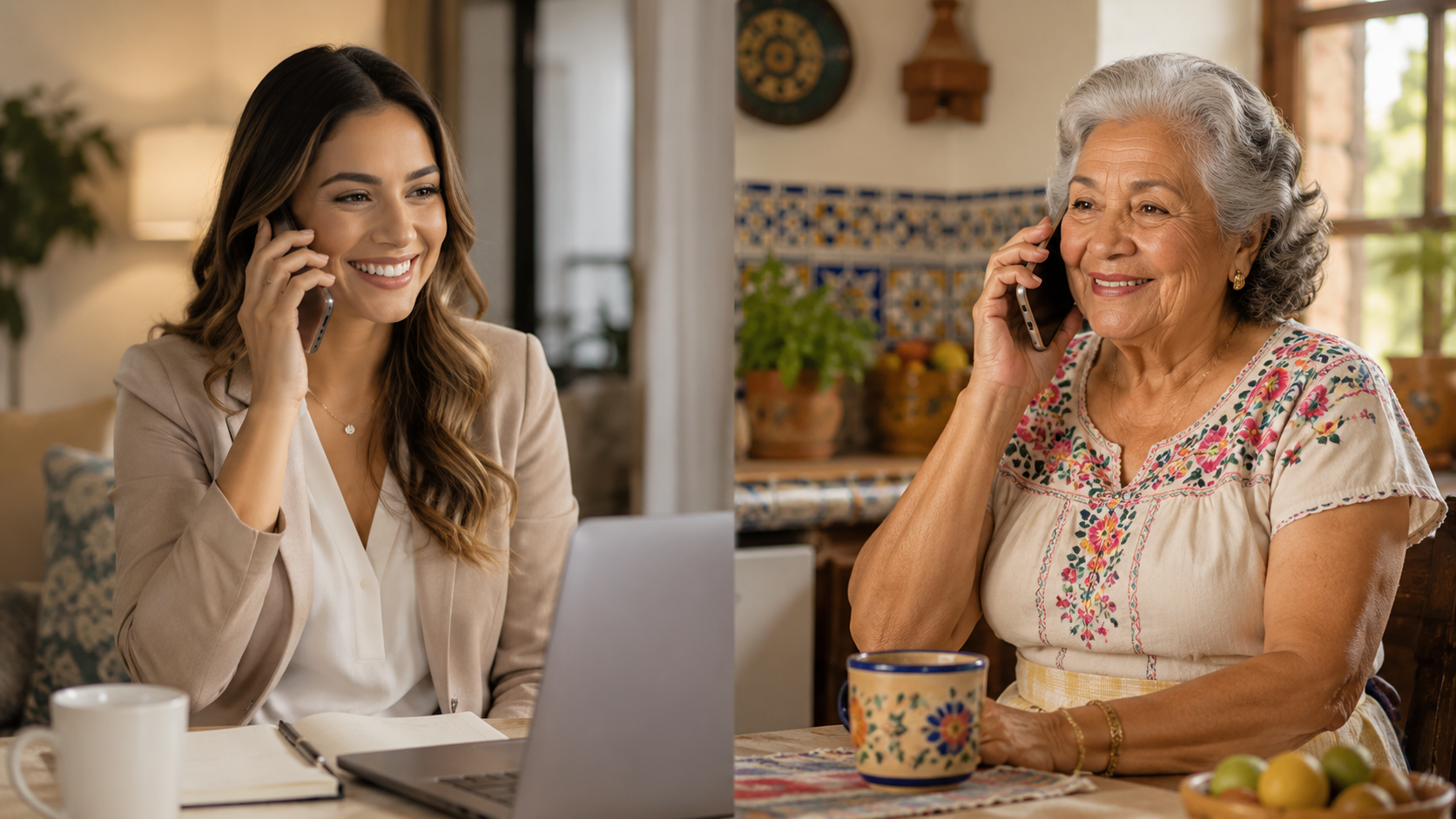 An adult daughter on the phone with her older mother, who is sitting in her own kitchen in Mexico.