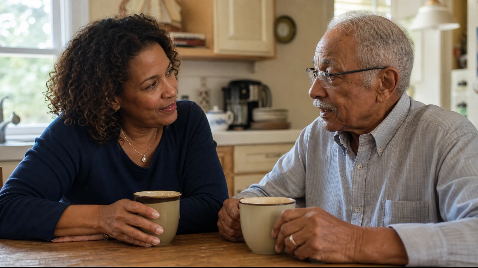 An adult daughter and her father talking warmly at a kitchen table