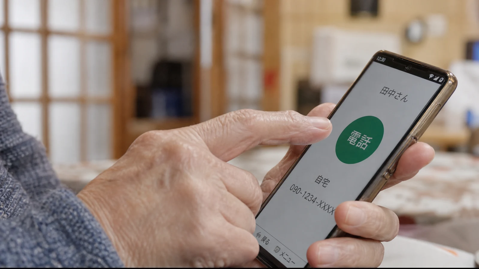 A senior's hand tapping a single large button on a phone screen