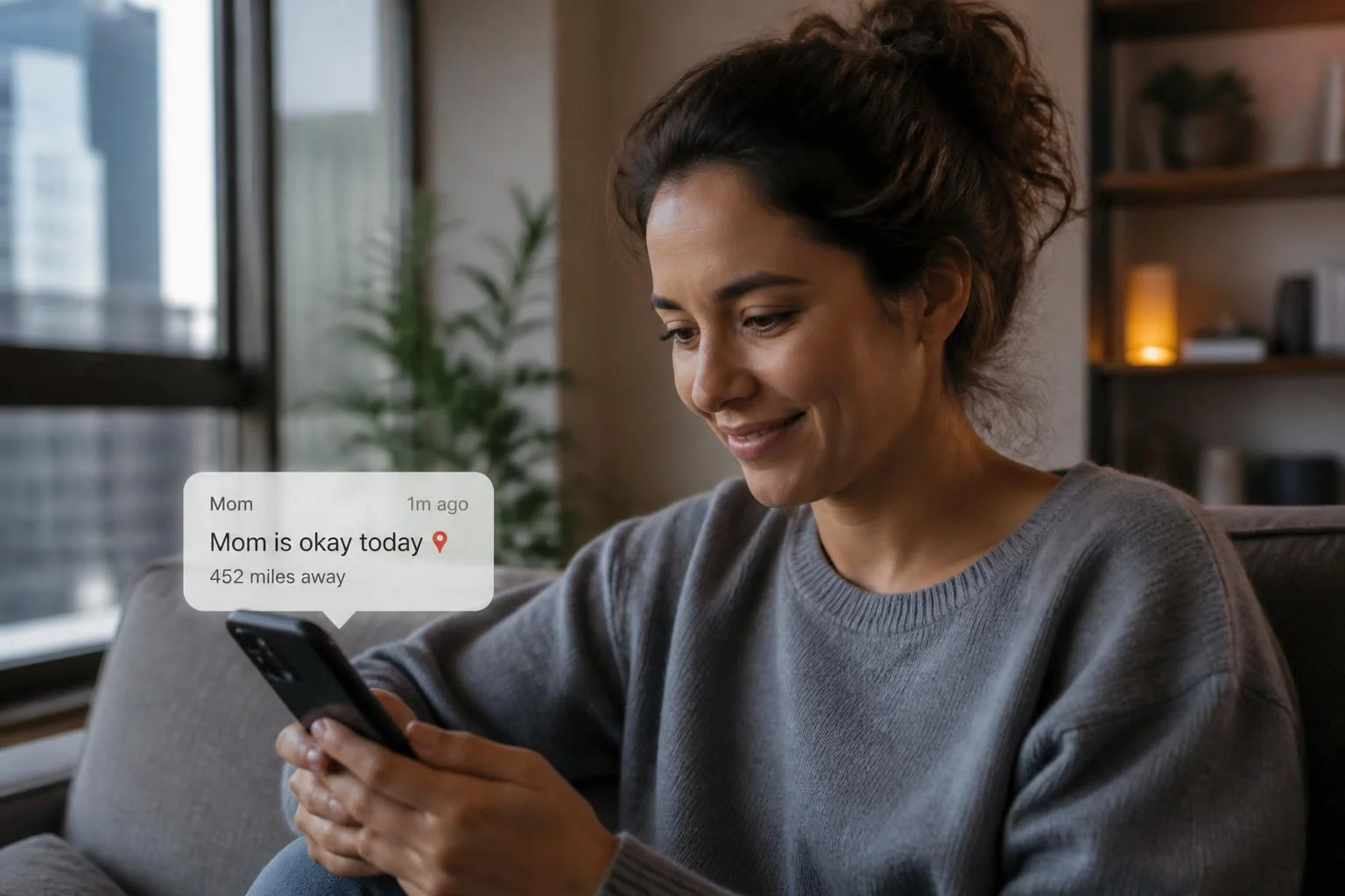 A younger woman looking at her phone in a city apartment, smiling at a message that says Mom is okay today, with a small map pin suggesting distance between them.