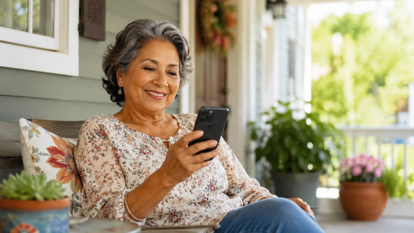 An older woman smiling at her phone on her front porch with a cup of coffee