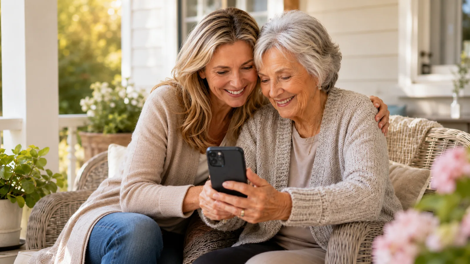 An adult daughter and her older mother looking at a phone together, both smiling