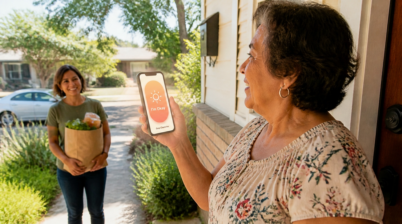 An older woman on her front porch, a neighbor visiting with groceries, and an adult child appearing on a video-call screen.