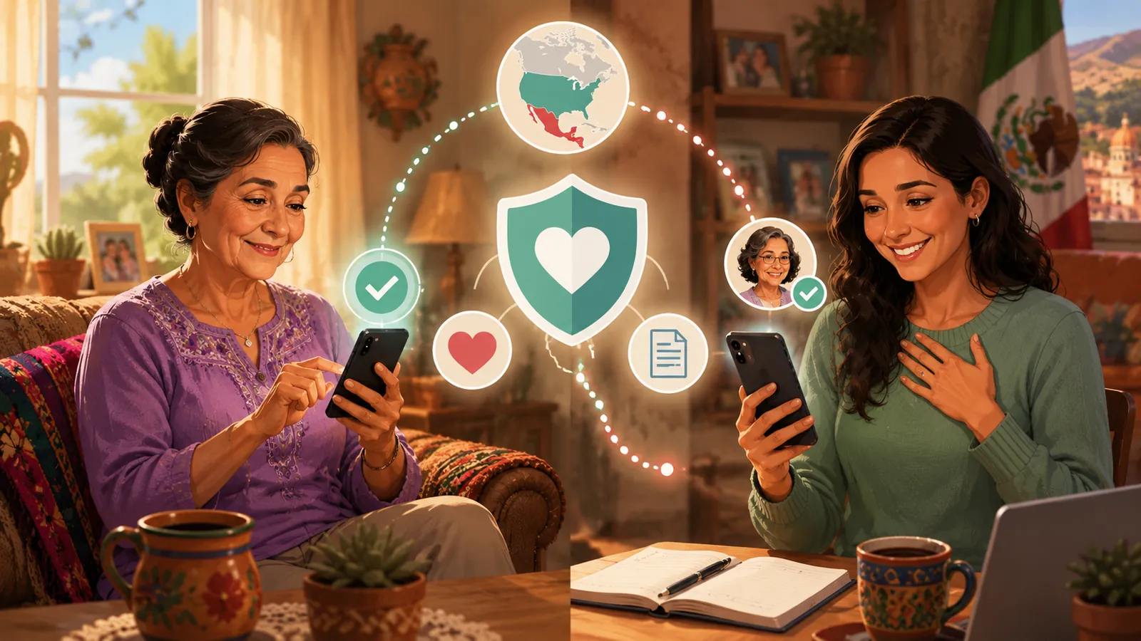 Map of the U.S. and Mexico showing a Hispanic family connected across the border by a daily WhatsApp check-in, with homes, photos, and care icons.
