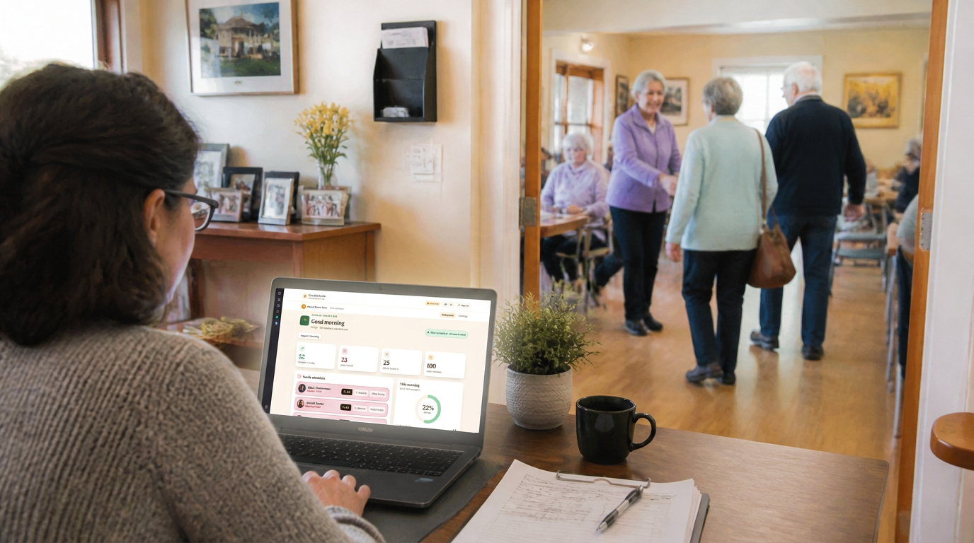 A community-program coordinator reviewing a simple daily check-in status at a modest senior-center desk.