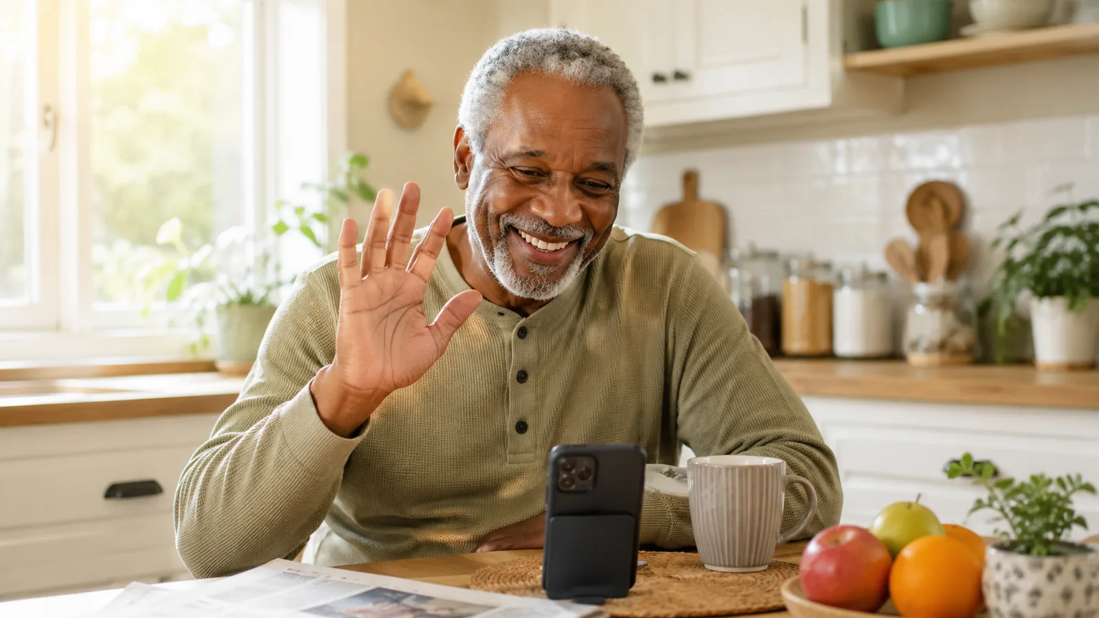 An older man waving at his phone from his kitchen table in the morning