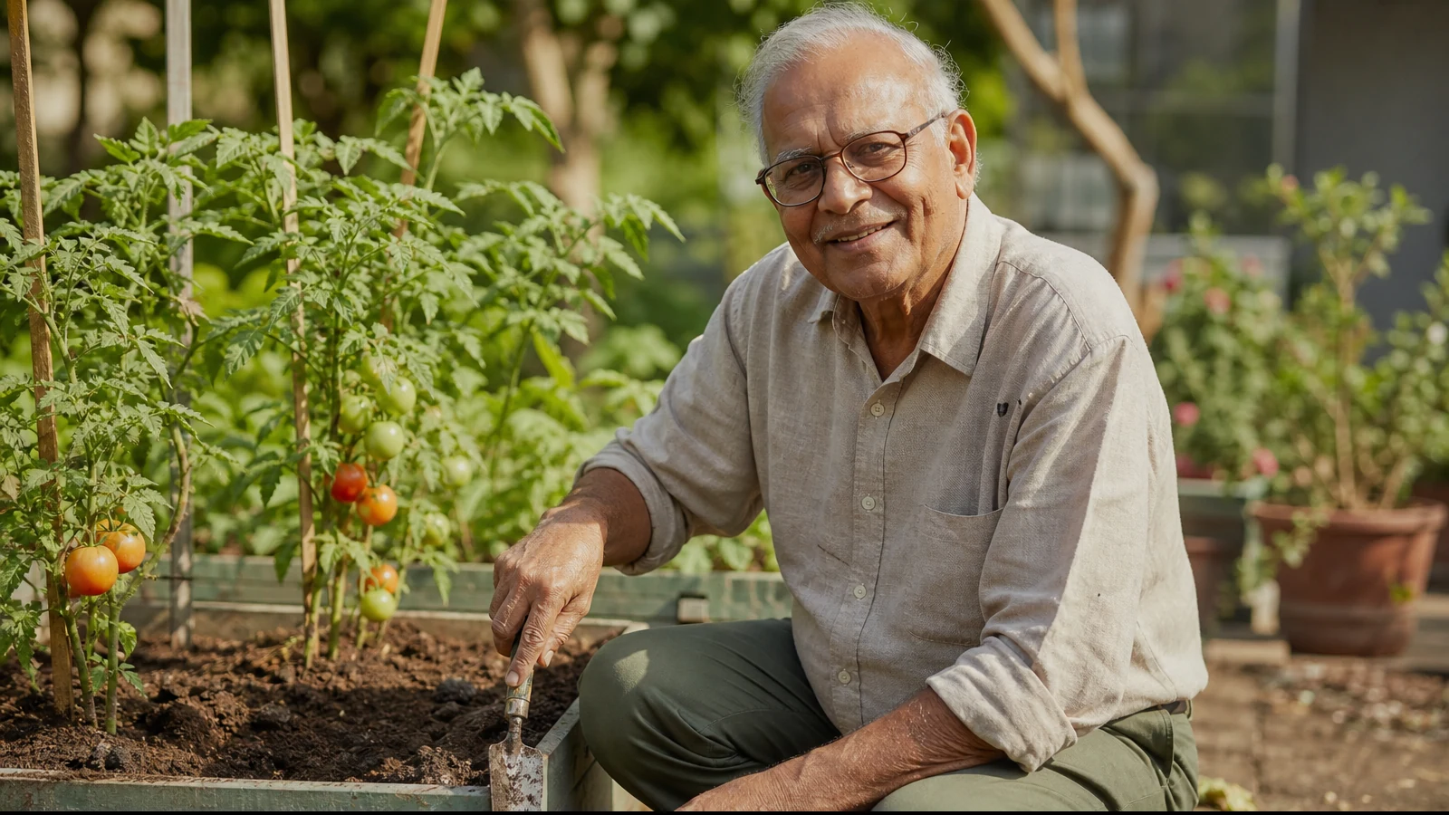 An older man gardening in his own backyard on a bright morning