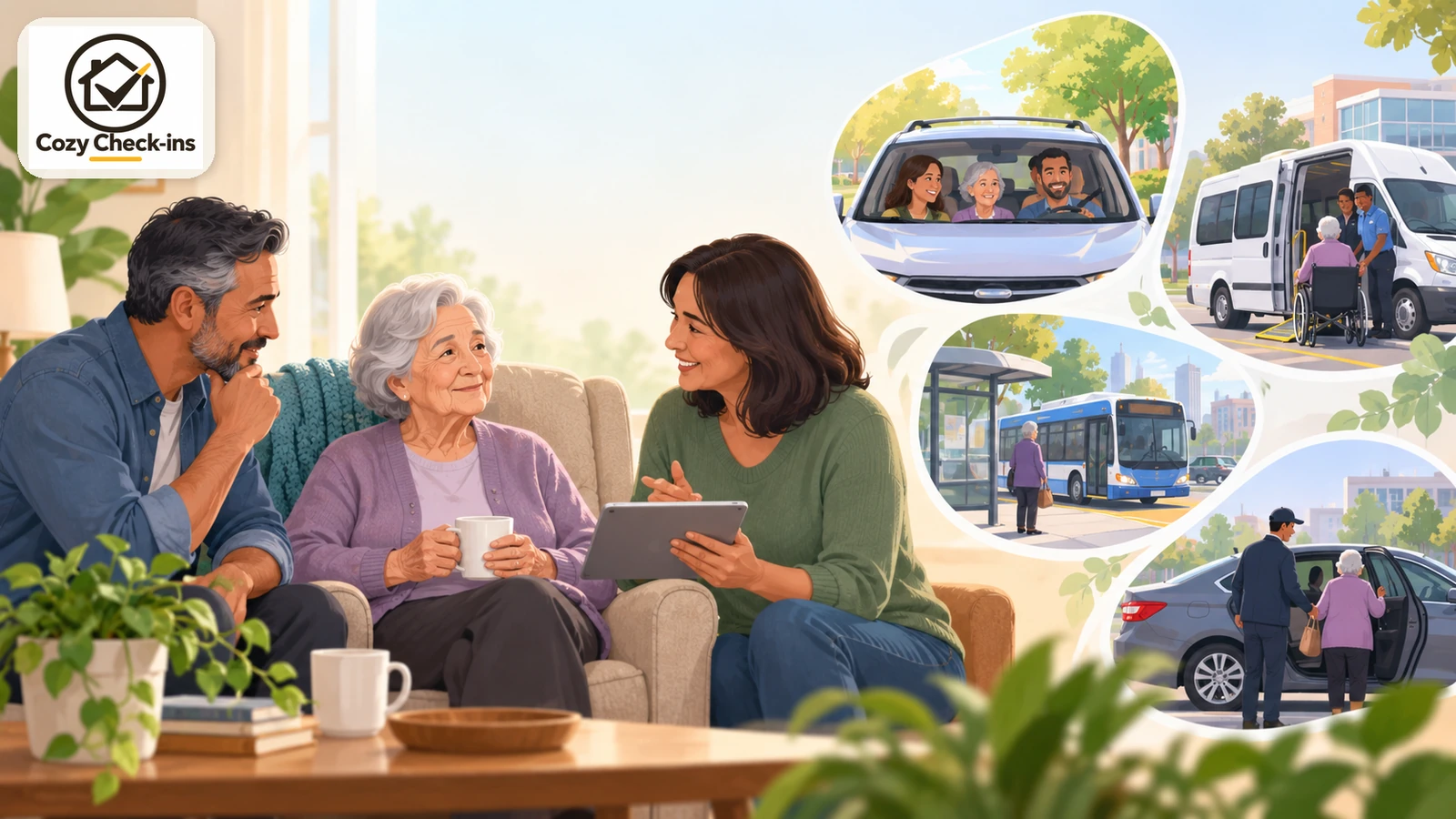 A family on a couch — an older mother with coffee while her adult daughter shows her a tablet — beside scenes of a car ride, a wheelchair-accessible van, a bus stop and a driver helping her out of a sedan