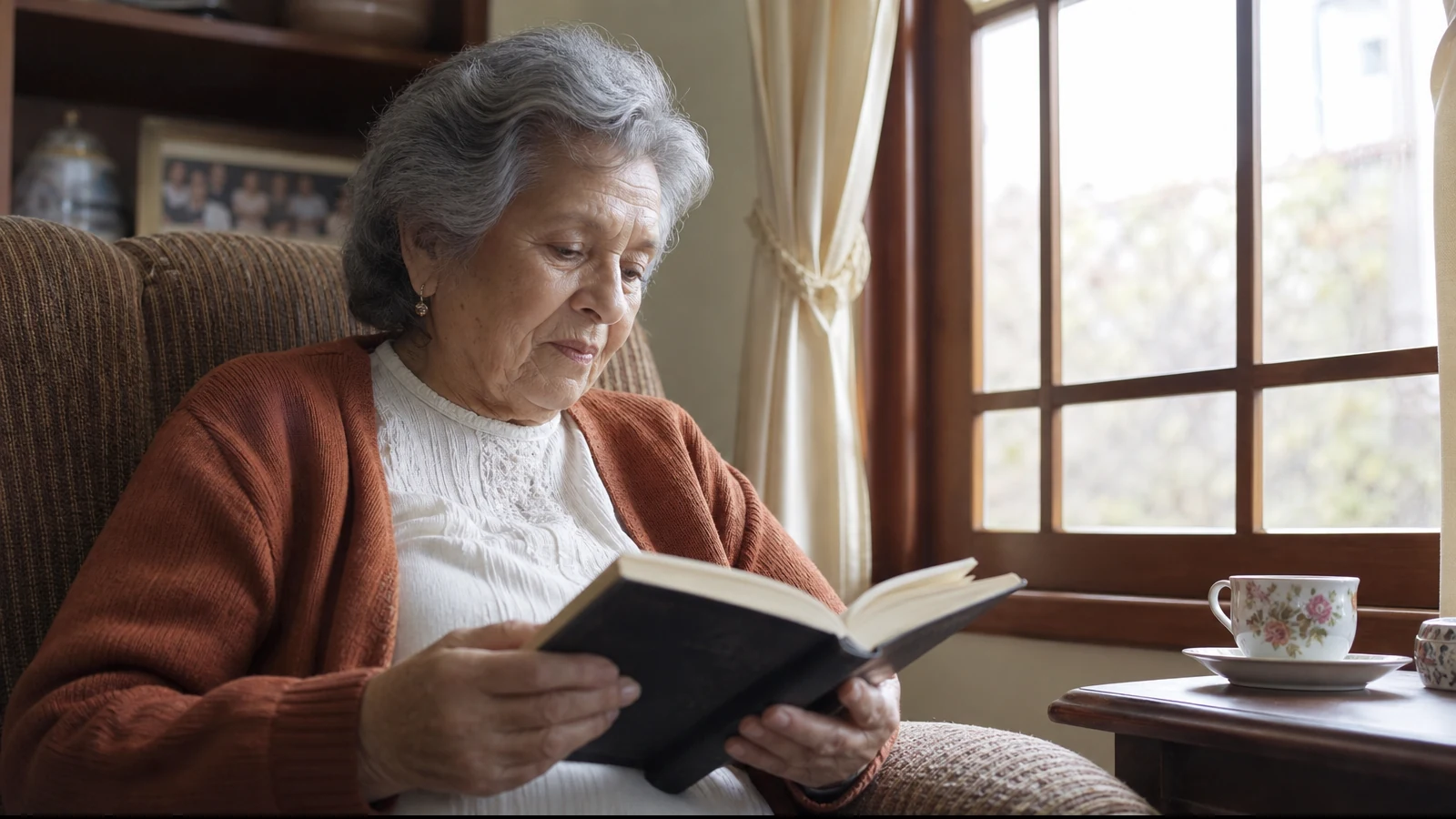 An older woman reading a book by a sunny window, relaxed and at ease