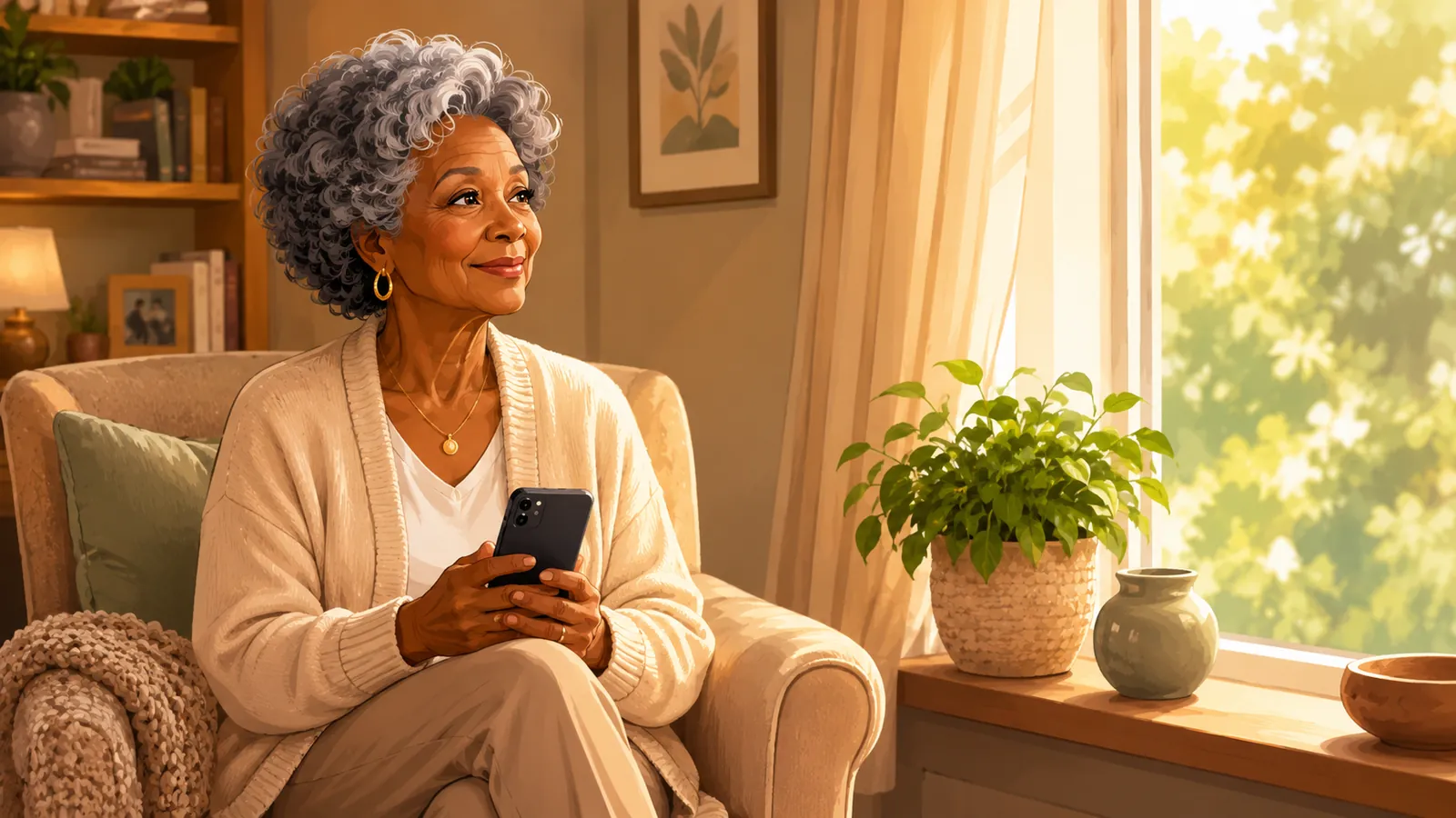 Smiling older woman with silver curly hair sitting in a cozy armchair by a sunlit window, holding her phone after a daily check-in with family.