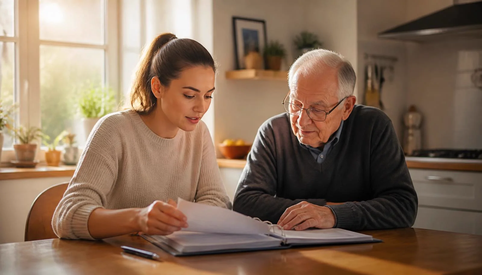 An adult daughter and her elderly father reviewing a folder of documents together at a kitchen table in morning light