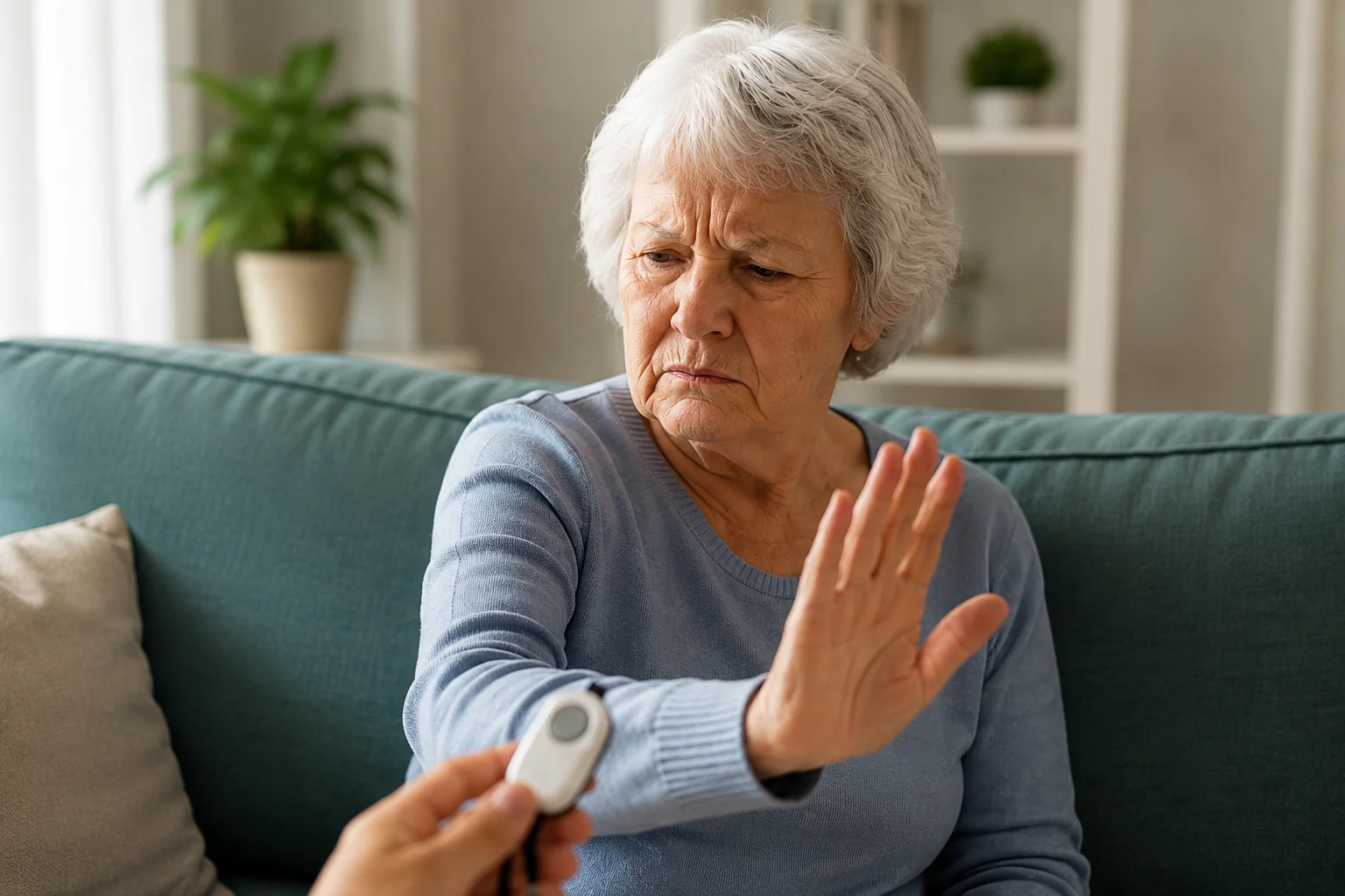 A smiling older woman at a sunny kitchen table holding a phone showing a large I'm-okay check-in button, with an unused medical-alert pendant on the table.