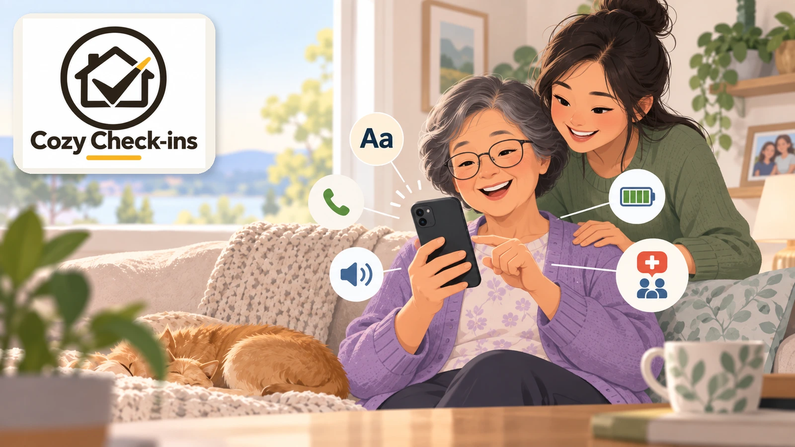 An older woman smiles while tapping a large-button smartphone on a cozy couch as her adult daughter looks on; icons highlight big text, a speakerphone, battery, phone calls and family contacts. Cozy Check-ins logo top-left.
