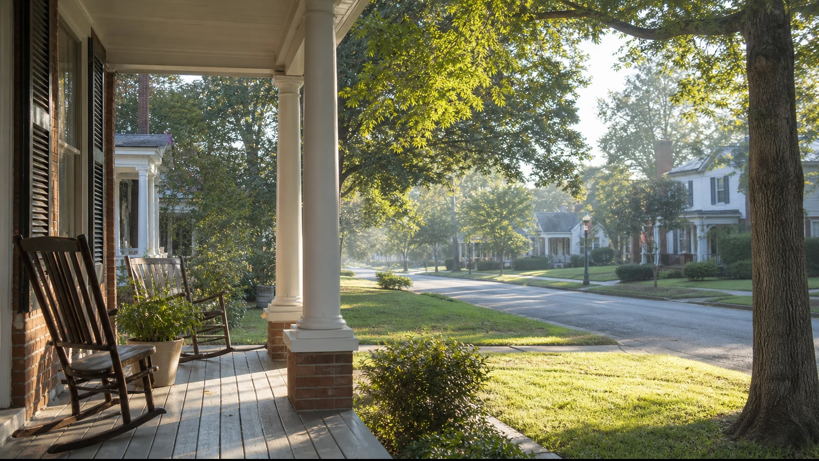 A quiet Virginia neighborhood street with a front porch in morning light