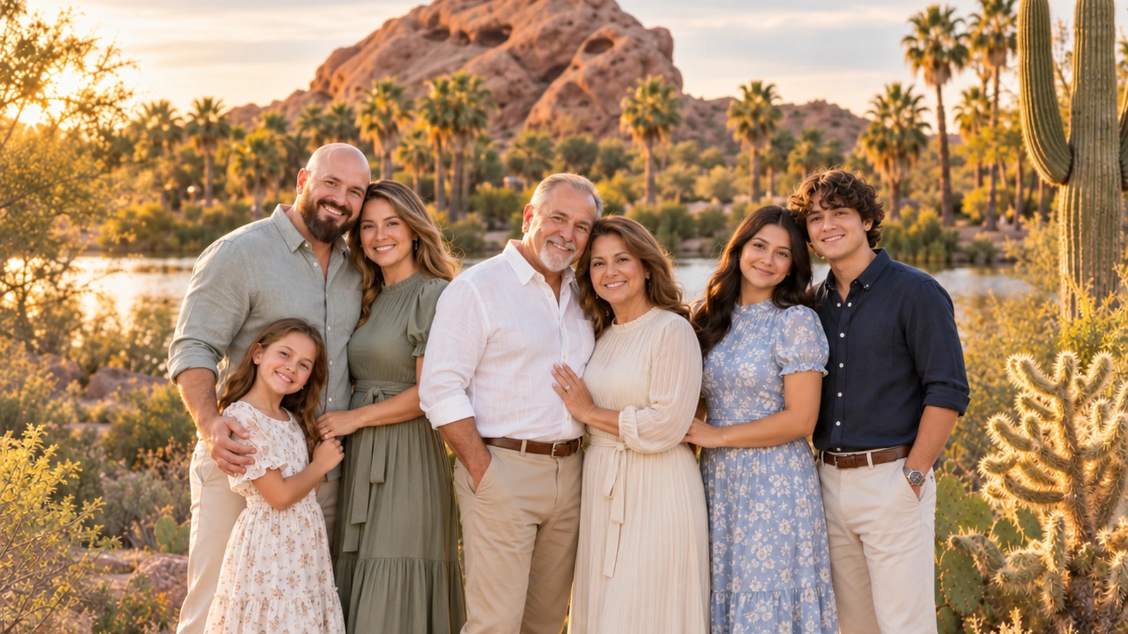 Three generations of a family on a desert path at golden hour, a red sandstone butte, palms and a saguaro behind them