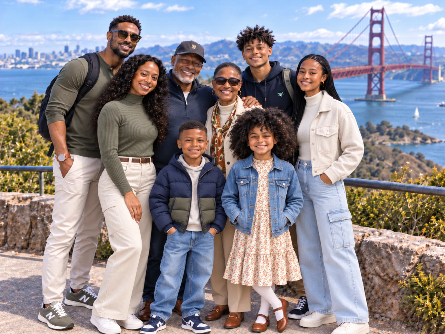A multi-generational family smiling together at a Golden Gate overlook with the bridge, bay, and San Francisco skyline behind them on a sunny day