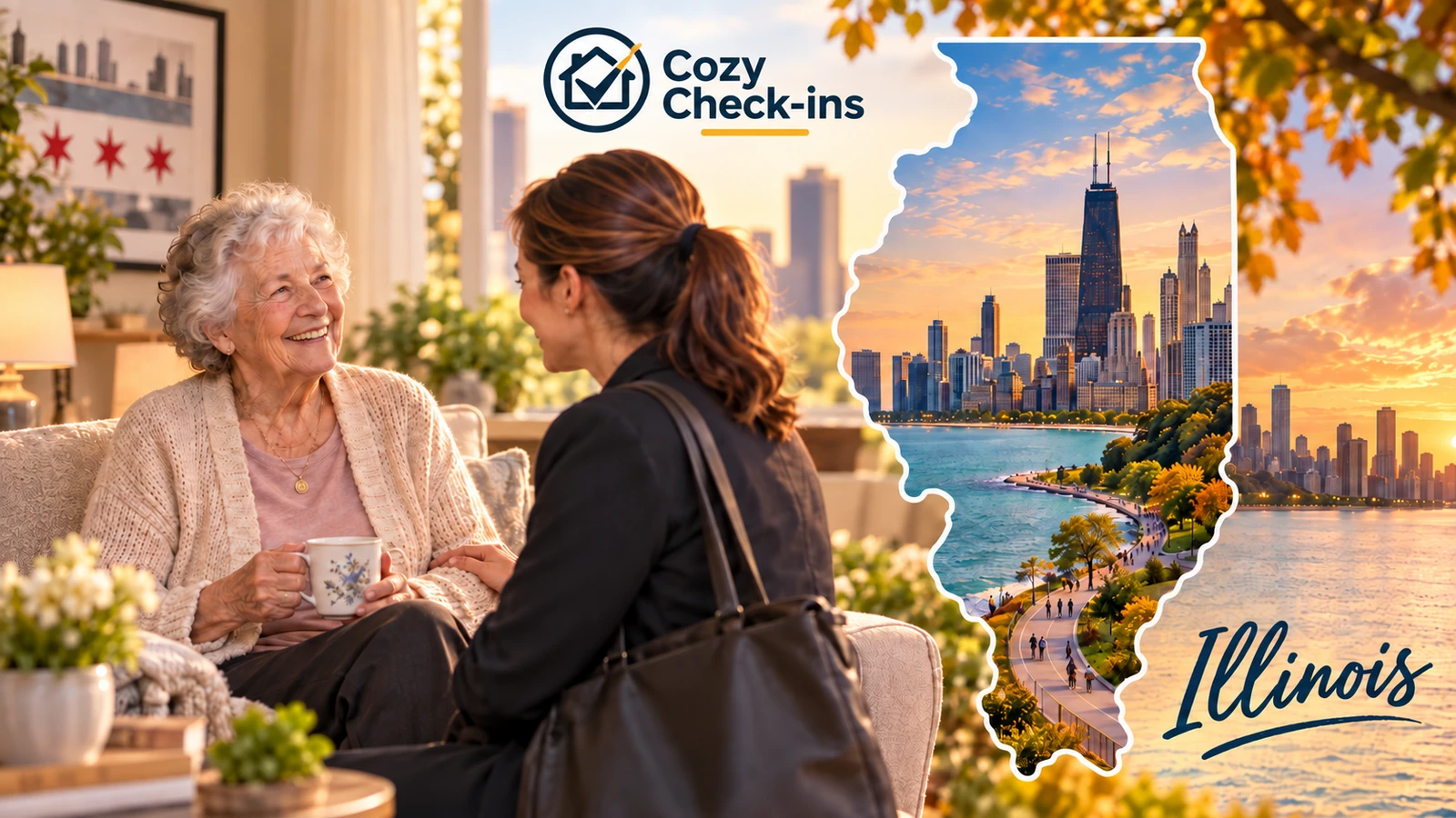 An adult daughter visiting her smiling elderly mother on a couch with coffee, beside an Illinois-shaped collage of the Chicago skyline and Lake Michigan lakefront path at sunset, with the Cozy Check-ins logo and Illinois caption