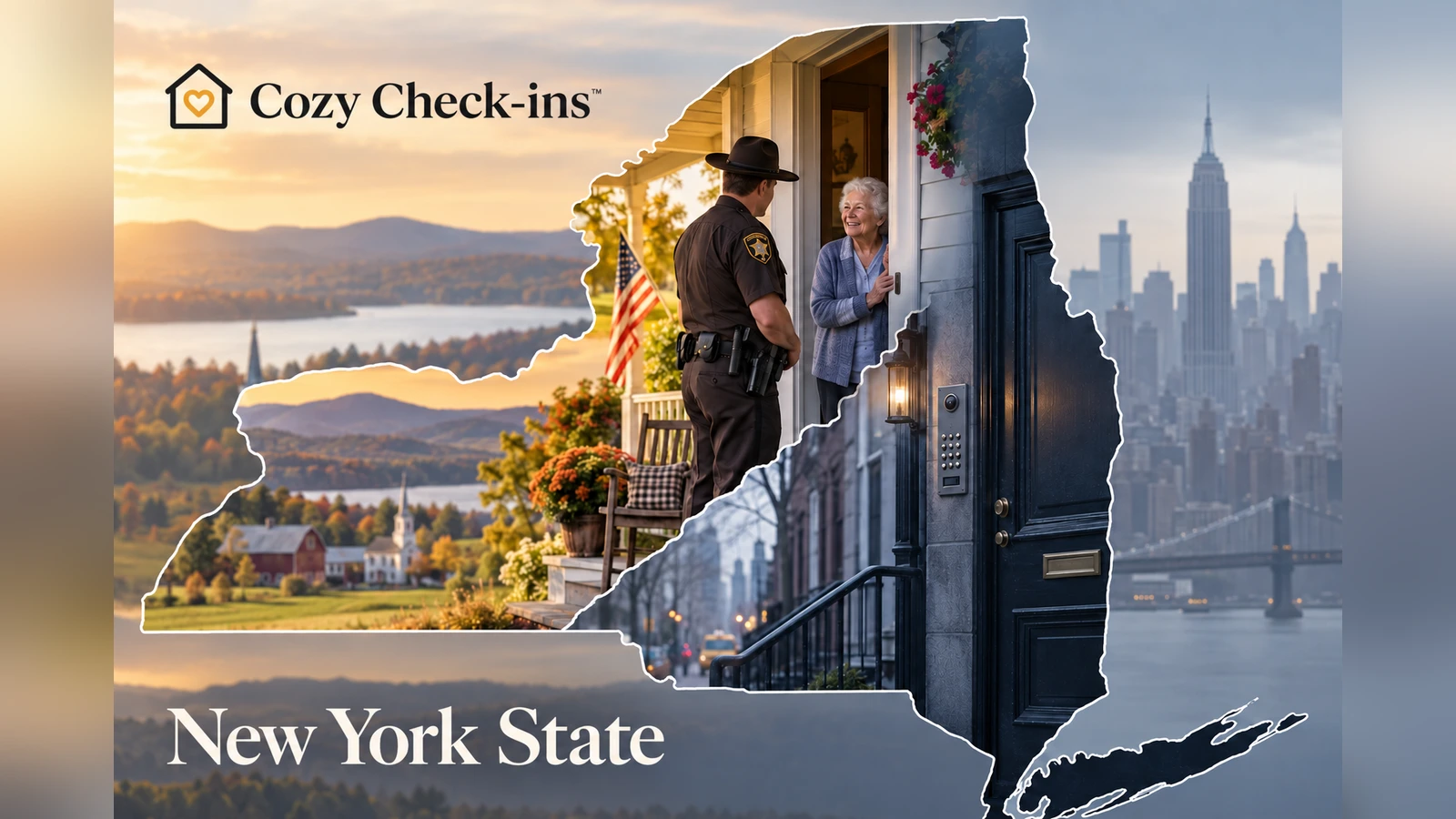 Cozy Check-ins logo over a New York State collage: a sheriff's deputy greeting an older woman at her porch door upstate, a city apartment entrance, and the Manhattan skyline at sunset