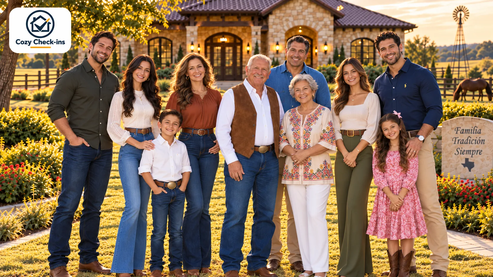 Three generations of a Hispanic family standing together at sunset in front of a stone ranch house in Texas, with a windmill, a horse and a 'Familia Tradición Siempre' sign