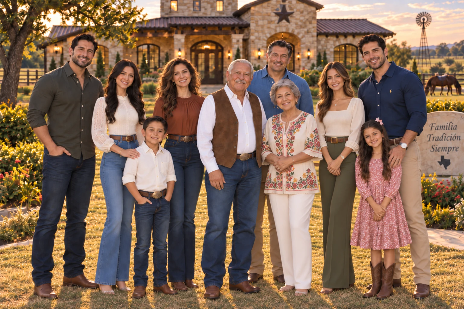 A multi-generational Hispanic family standing together at sunset in front of a Texas ranch house with a windmill and a 'Familia Tradición Siempre' sign