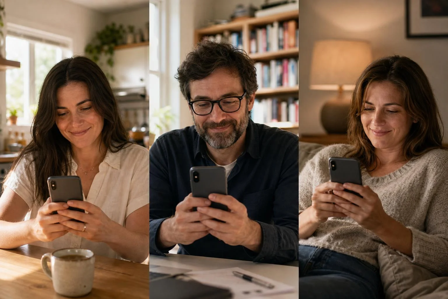 Three adult siblings in different homes each glancing at their phones, all seeing the same simple message that their mother is okay today.