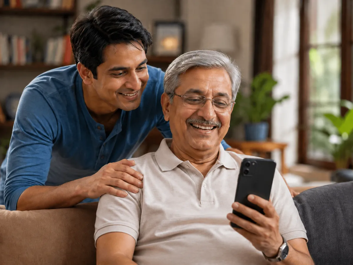 A smiling older man taps a daily check-in on his phone at home while his adult son leans in beside him.