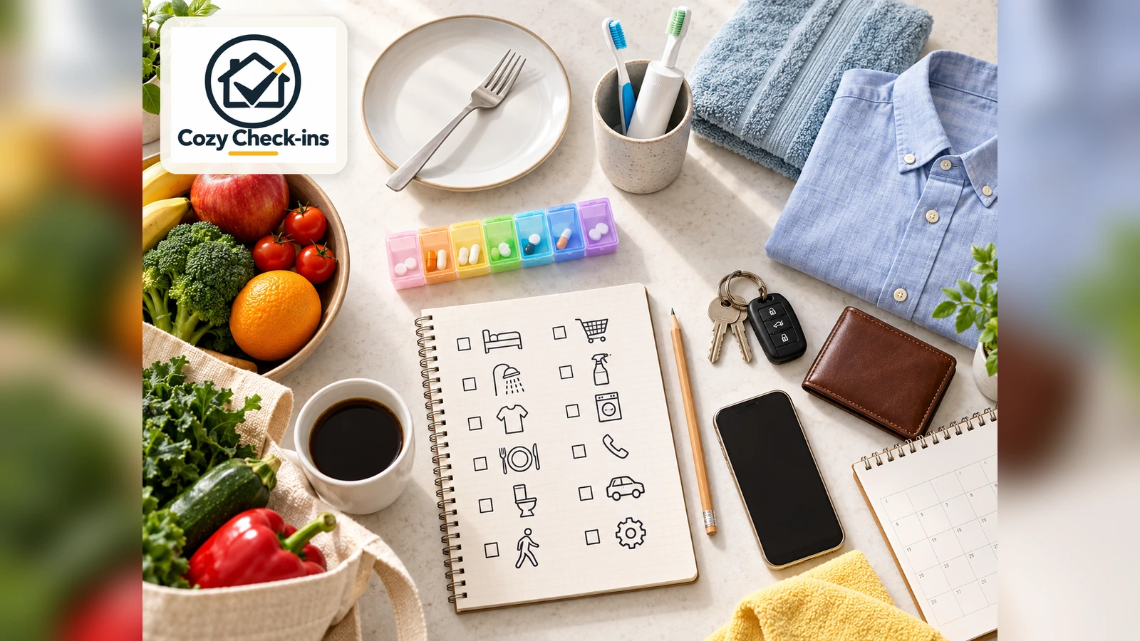 Daily living checklist surrounded by food, medication, hygiene items, clothing, keys, a wallet, a phone and a calendar