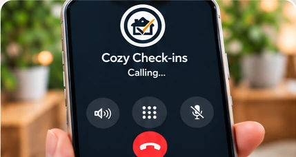 A phone showing an incoming call from Cozy Check-ins.