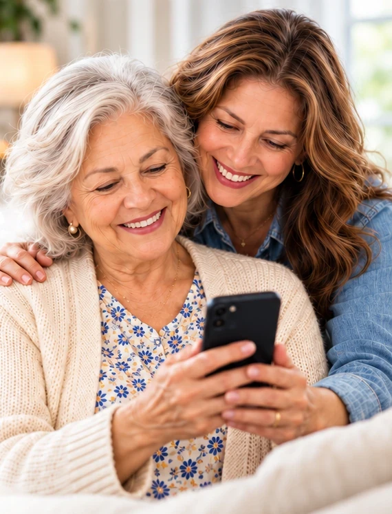 An older woman smiles at her phone while her adult daughter hugs her from behind.